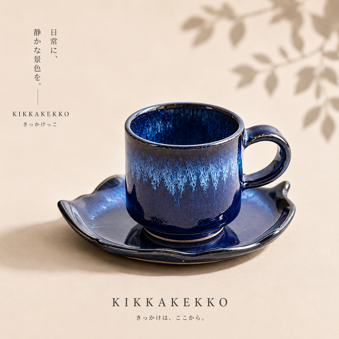 秀山窯の木の葉デミタスカップ＆ソーサー 藍色 | 小石原焼 – タノシム