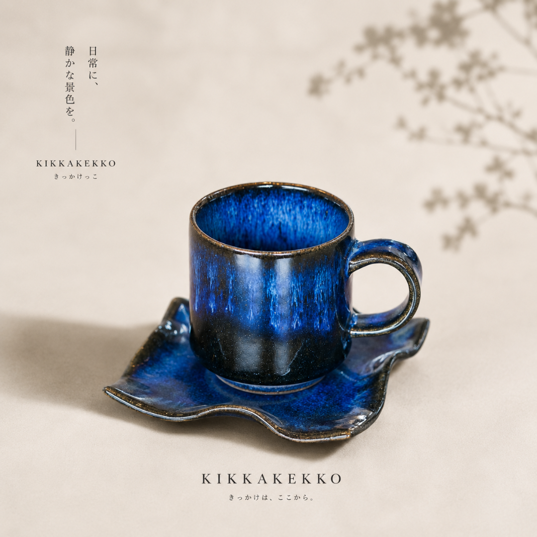 ひねり珈琲カップ&ソーサー （藍）　秀山窯/小石原焼（福岡）